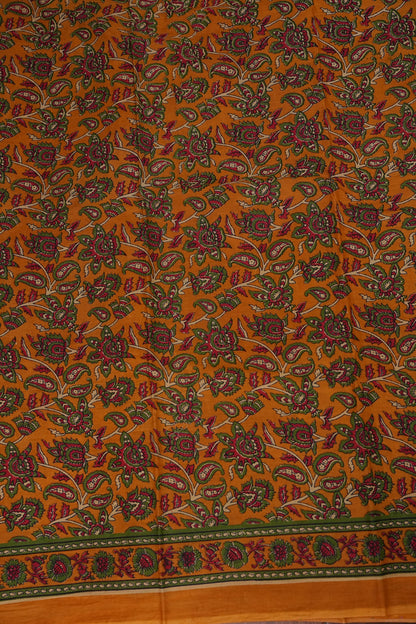 Kalamkari Inspired Cotton Saree – Mustard Yellow with Floral Heritage Prints