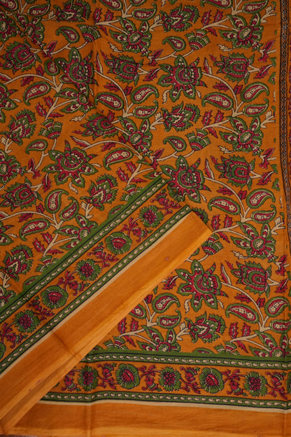 Kalamkari Inspired Cotton Saree – Mustard Yellow with Floral Heritage Prints