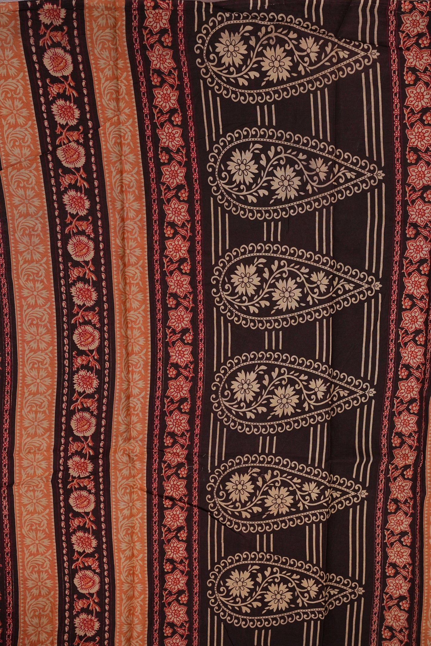 Kalamkari Inspired Cotton Saree – Deep Black with Earthy Floral Heritage Motifs