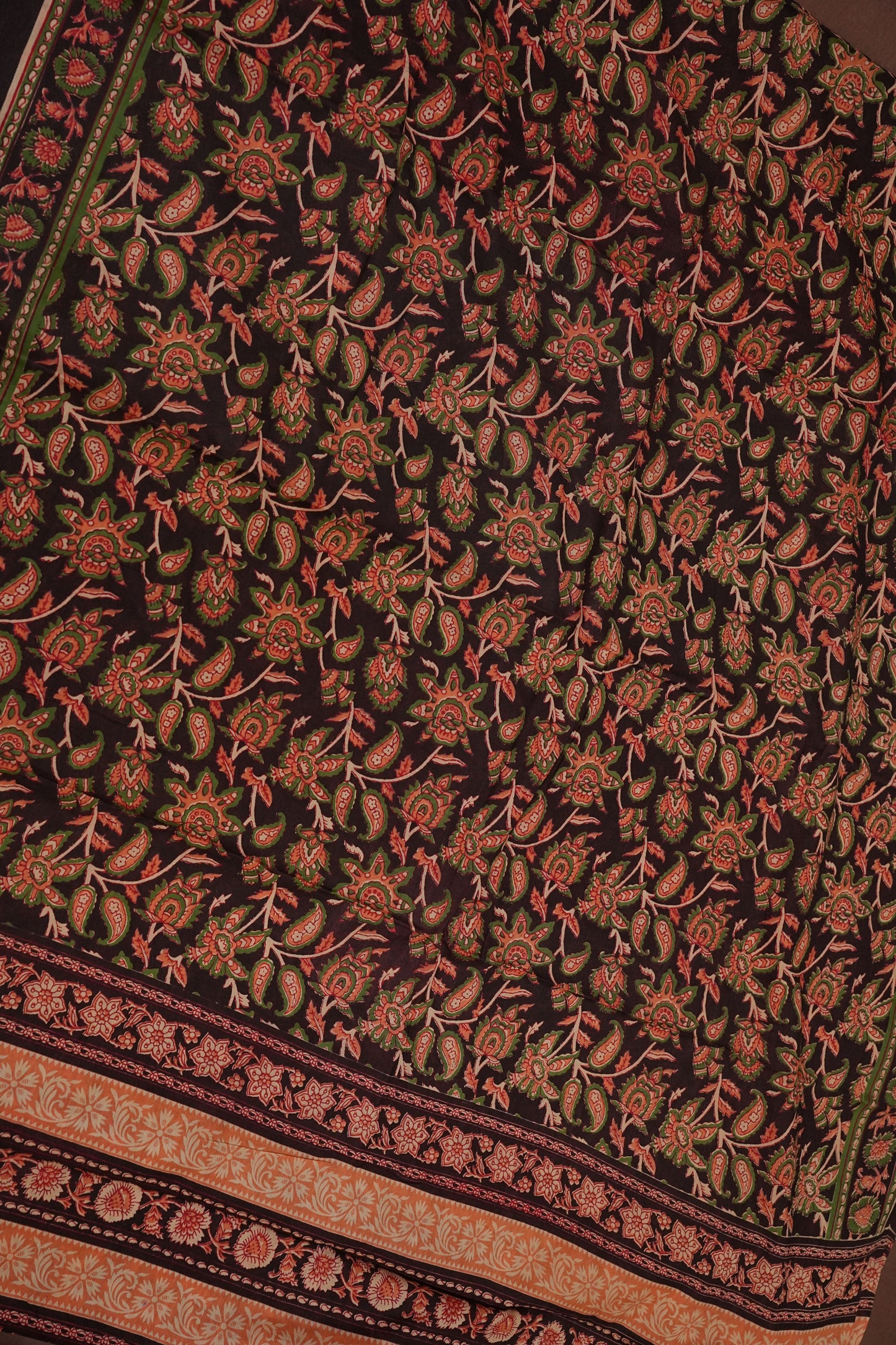 Kalamkari Inspired Cotton Saree – Deep Black with Earthy Floral Heritage Motifs