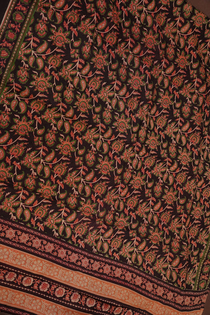 Kalamkari Inspired Cotton Saree – Deep Black with Earthy Floral Heritage Motifs