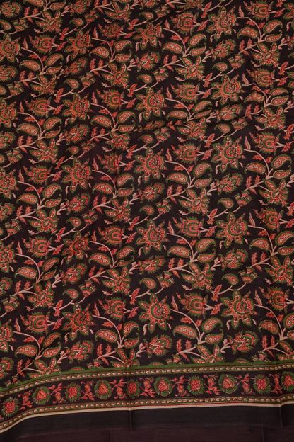 Kalamkari Inspired Cotton Saree – Deep Black with Earthy Floral Heritage Motifs