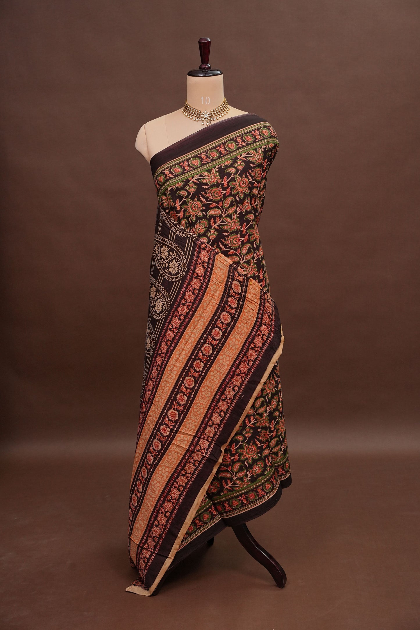 Kalamkari Inspired Cotton Saree – Deep Black with Earthy Floral Heritage Motifs
