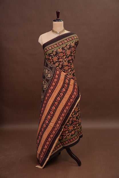 Kalamkari Inspired Cotton Saree – Deep Black with Earthy Floral Heritage Motifs