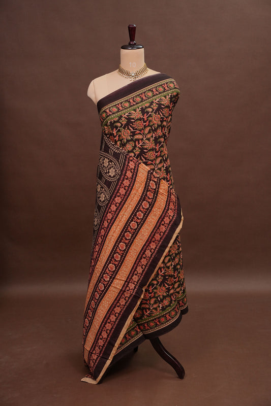 Kalamkari Inspired Cotton Saree – Deep Black with Earthy Floral Heritage Motifs
