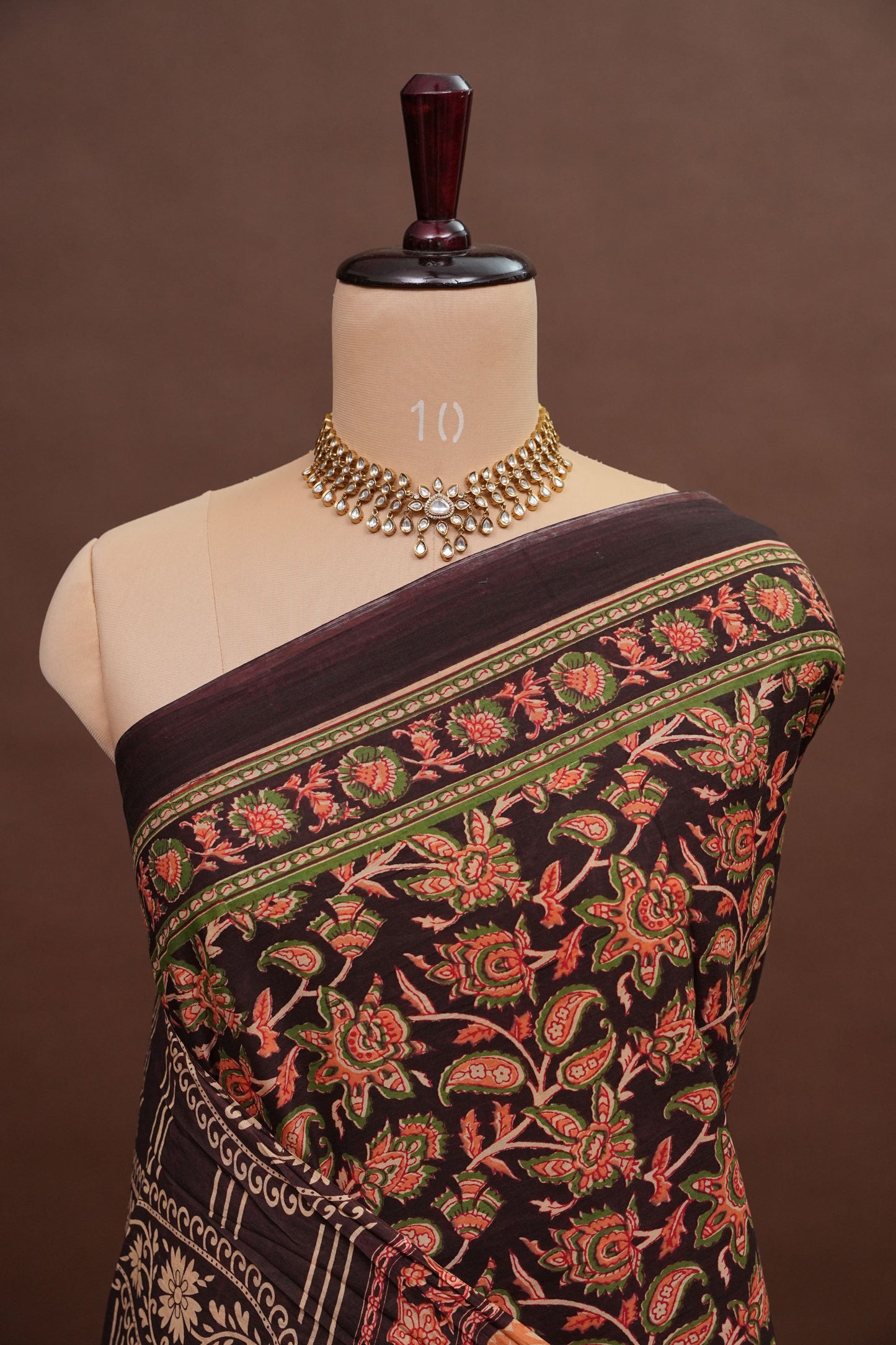 Kalamkari Inspired Cotton Saree – Deep Black with Earthy Floral Heritage Motifs