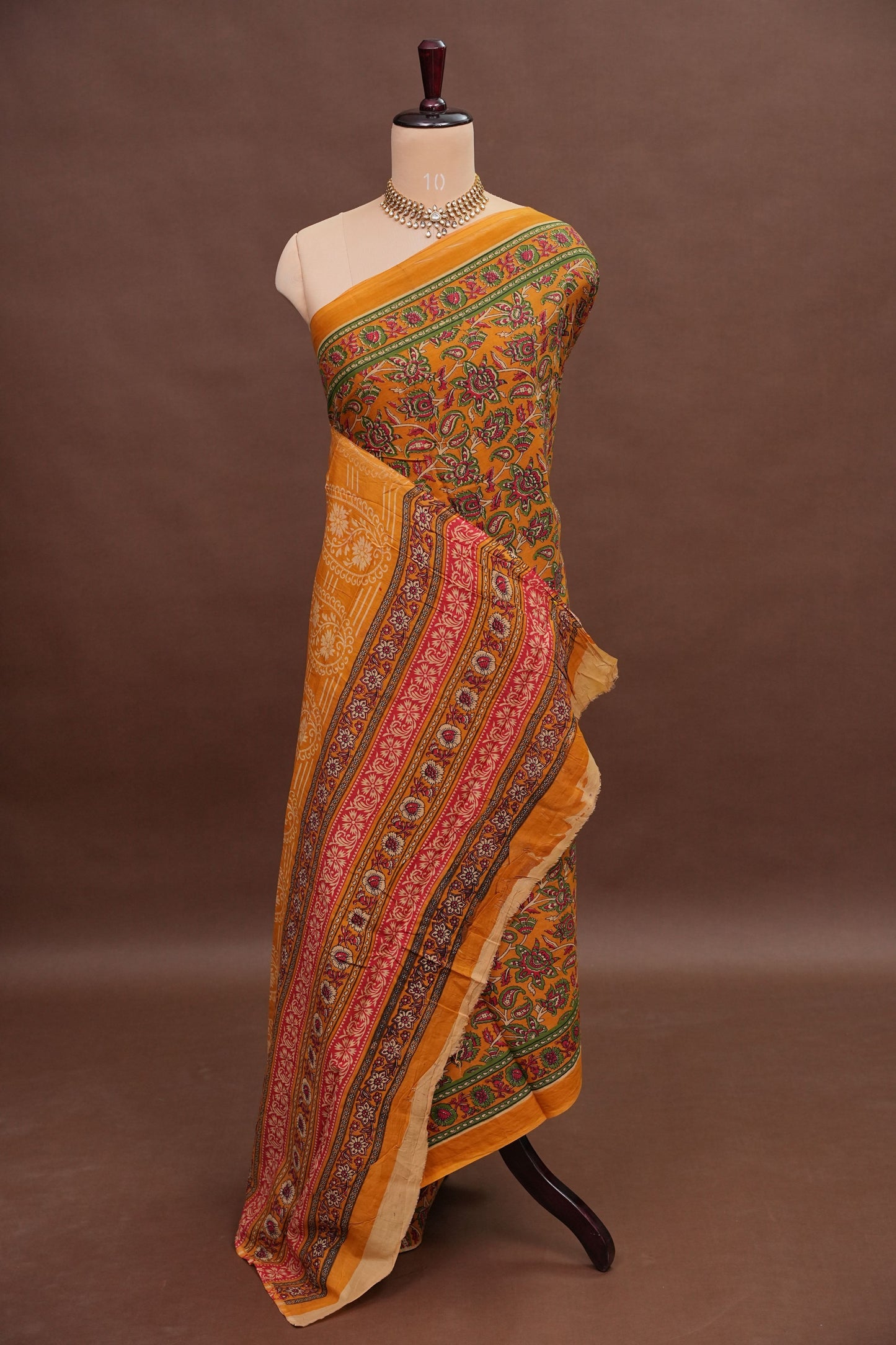 Kalamkari Inspired Cotton Saree – Mustard Yellow with Floral Heritage Prints