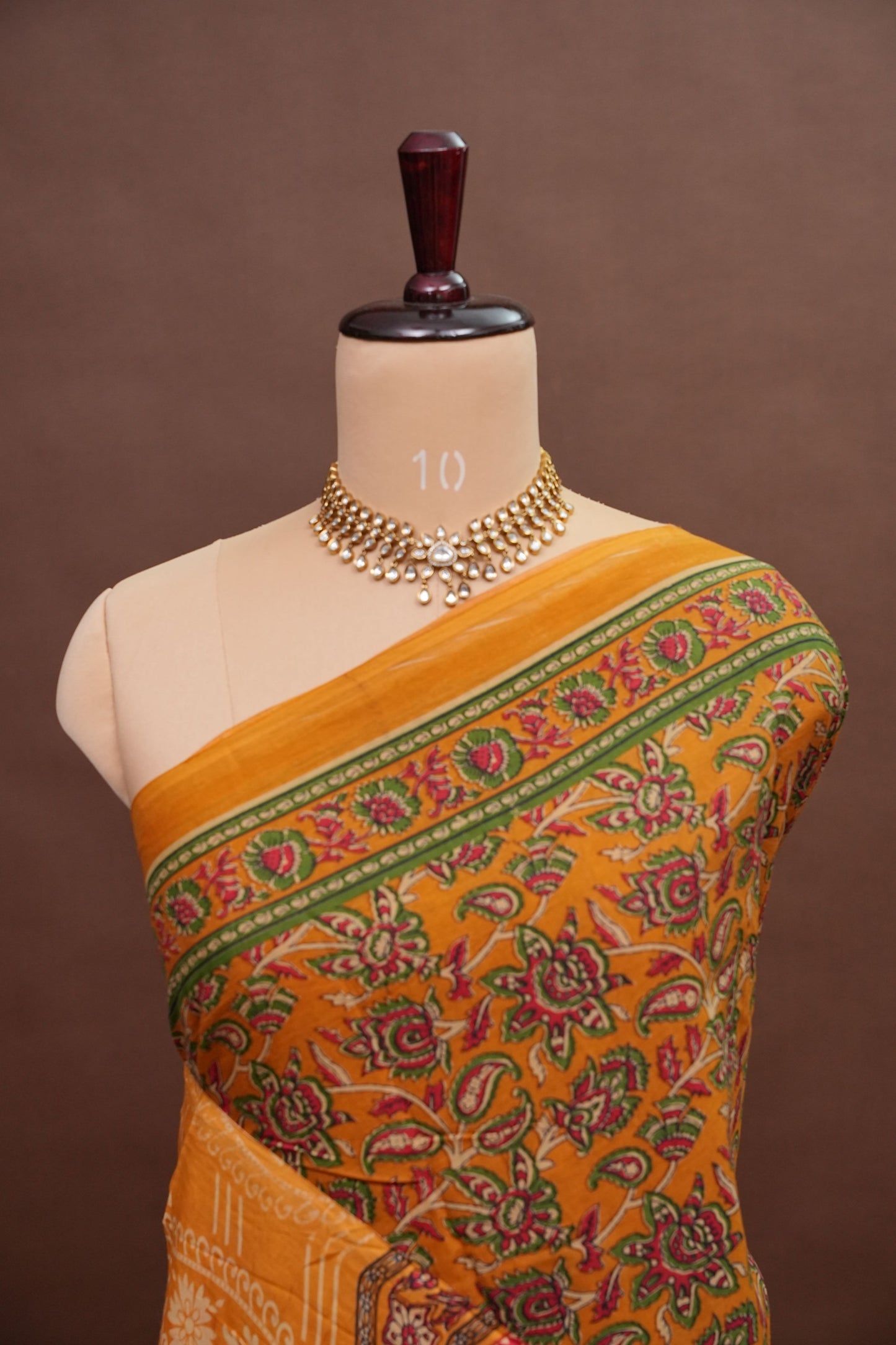 Kalamkari Inspired Cotton Saree – Mustard Yellow with Floral Heritage Prints