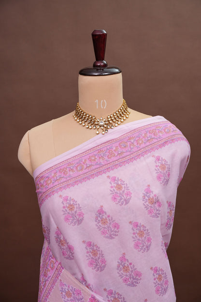 Soft Pastel Floral cotton Saree – Blush Pink with Delicate Multicolour Buttas