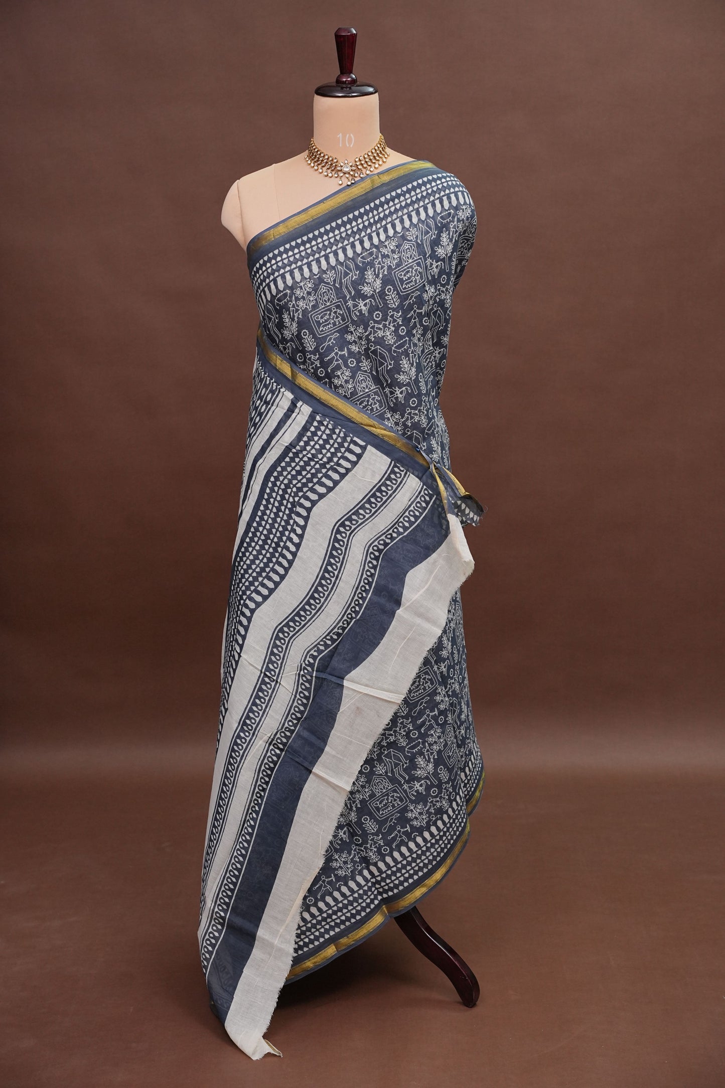 Indigo Grey Handloom cotton Saree – Tribal Motifs with Contemporary Stripes