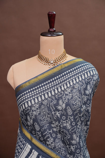 Indigo Grey Handloom cotton Saree – Tribal Motifs with Contemporary Stripes
