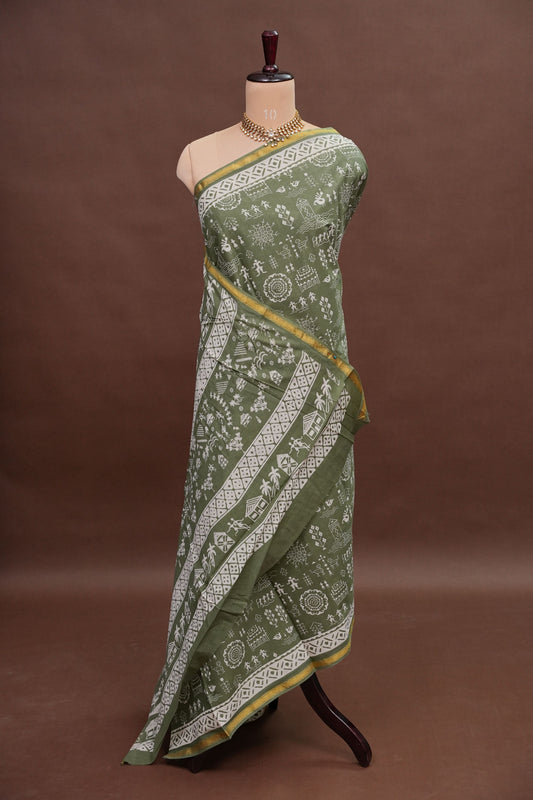 Earthy Elegance Handloom cotton Saree – Olive Green with Tribal Motifs
