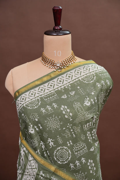 Earthy Elegance Handloom cotton Saree – Olive Green with Tribal Motifs