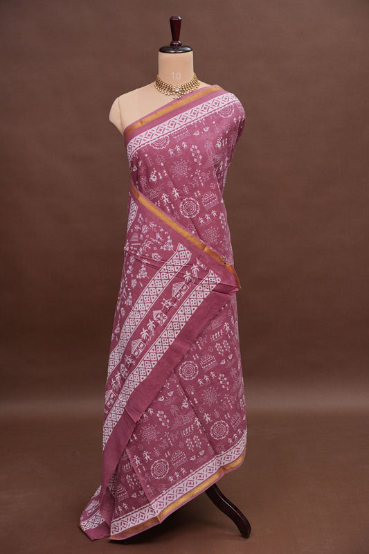 Rustic Charm Handloom cotton Saree – Dusty Rose with Tribal-Inspired Motifs