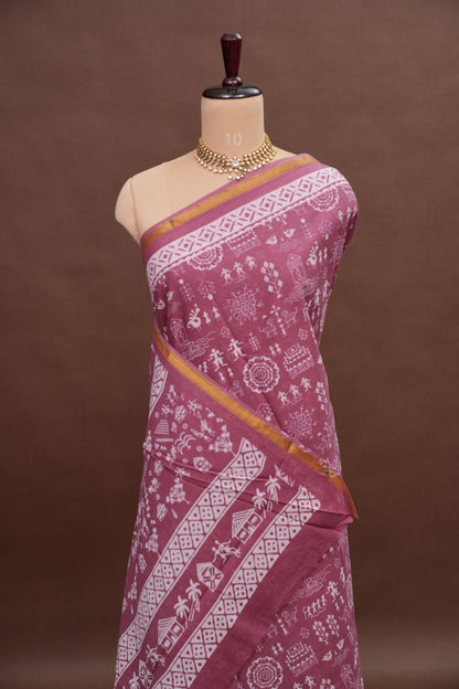 Rustic Charm Handloom cotton Saree – Dusty Rose with Tribal-Inspired Motifs