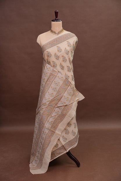 Elegant Pastel Floral cotton Saree – Soft Ivory with Multicolor Woven Buttas