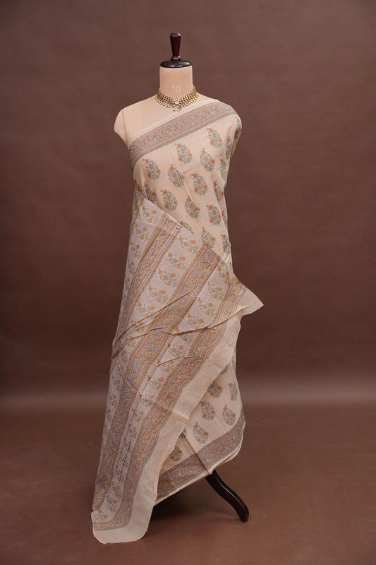 Elegant Pastel Floral cotton Saree – Soft Ivory with Multicolor Woven Buttas