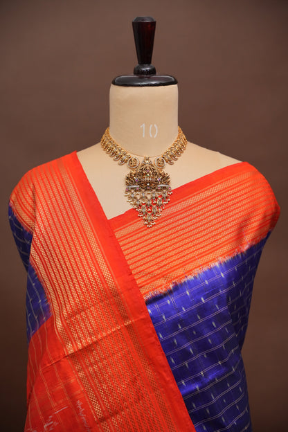 Pure Ikkat Soft Silk Saree - Blue & Orange