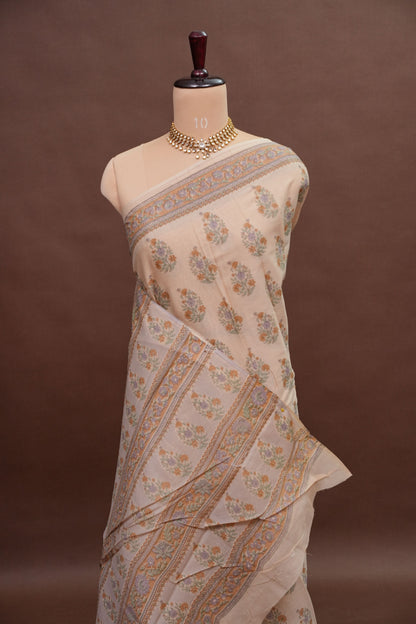 Elegant Pastel Floral cotton Saree – Soft Ivory with Multicolor Woven Buttas
