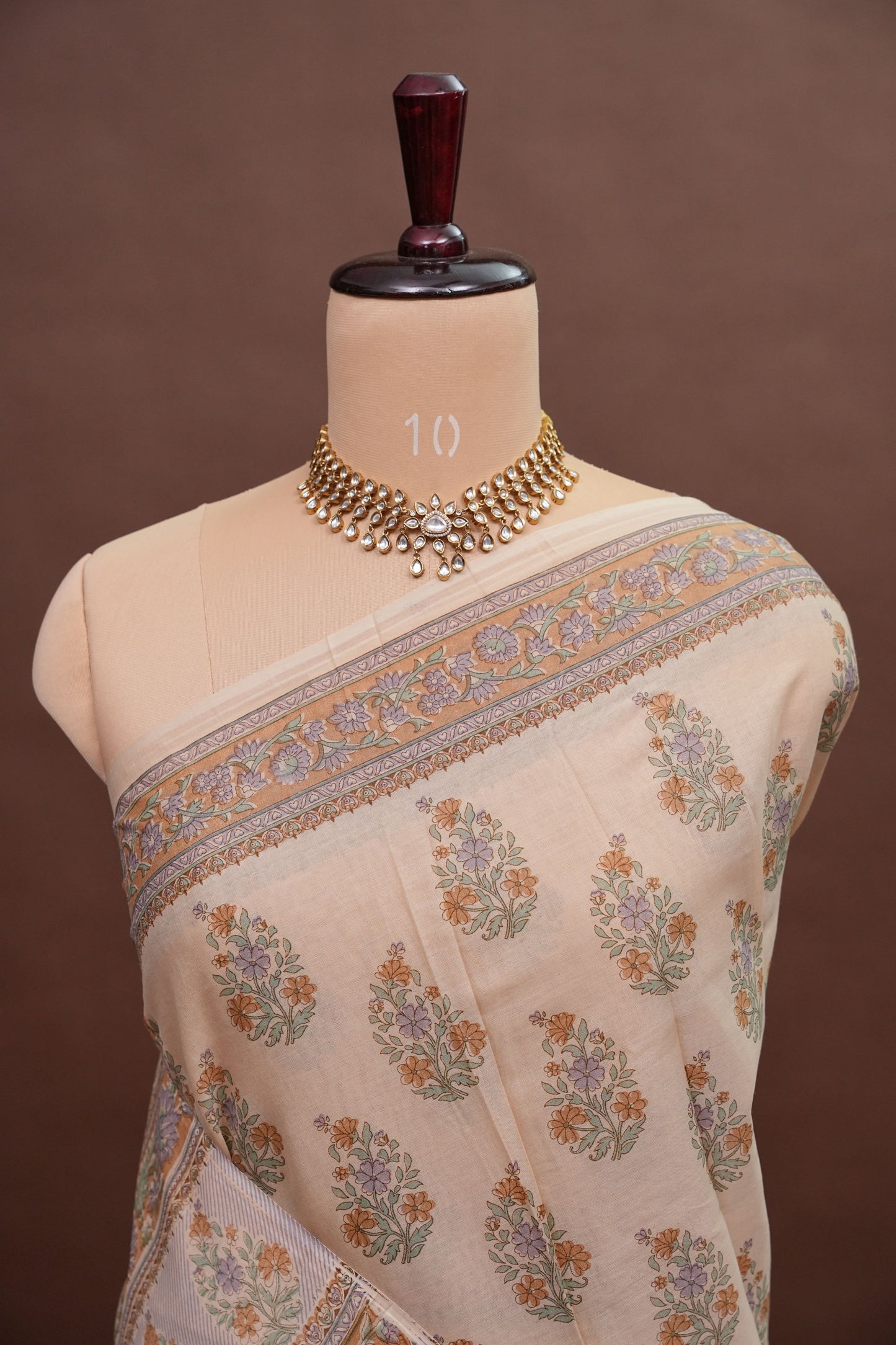 Elegant Pastel Floral cotton Saree – Soft Ivory with Multicolor Woven Buttas