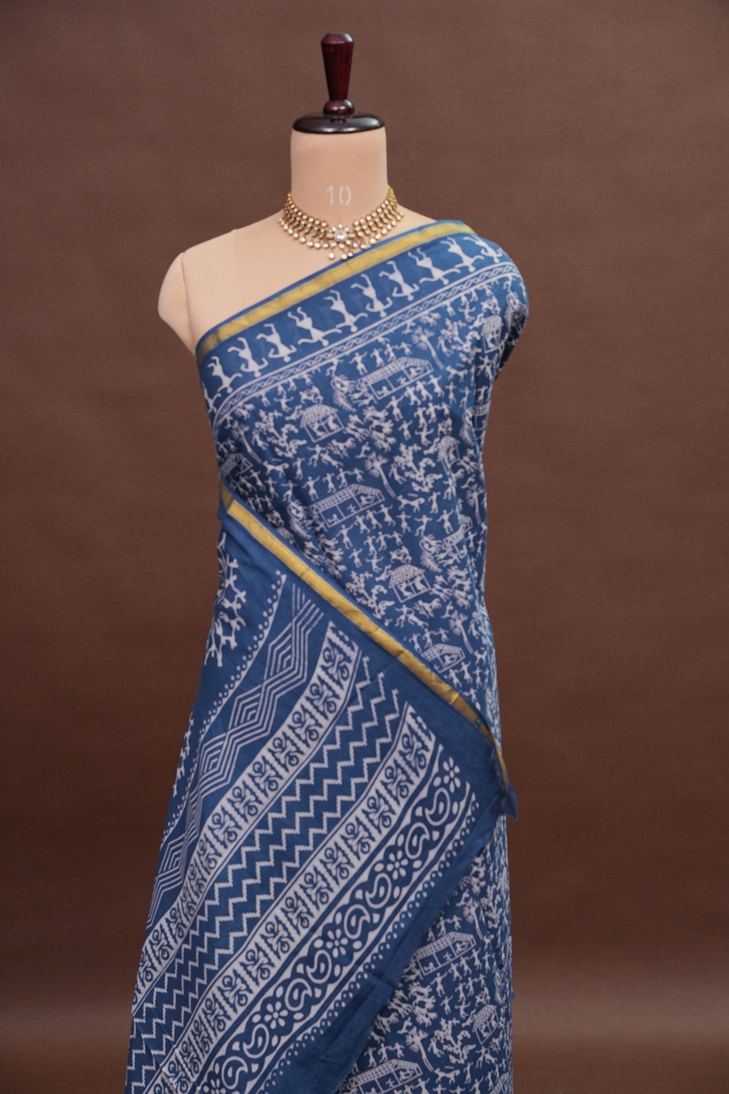 Warli Print Cotton Saree – Indigo Blue with Traditional Tribal Art Motifs