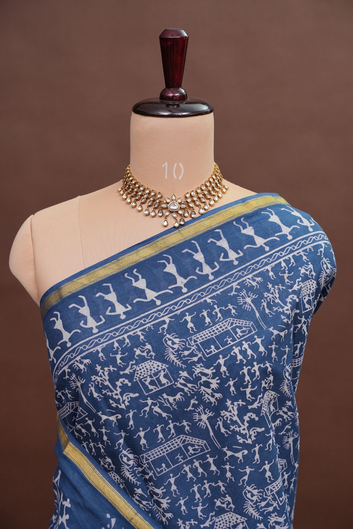 Warli Print Cotton Saree – Indigo Blue with Traditional Tribal Art Motifs