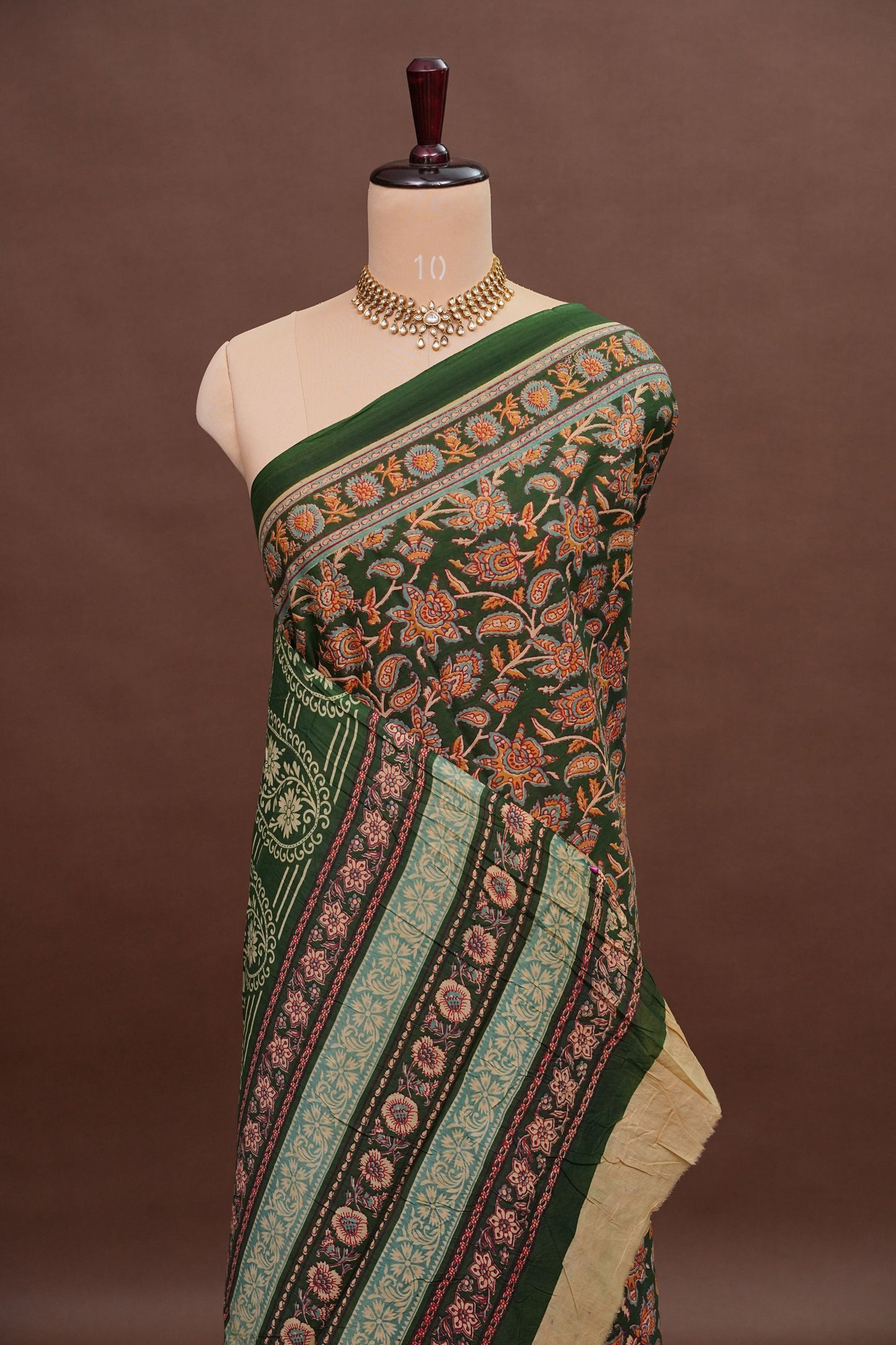 Kalamkari Cotton Saree – Deep Forest Green with Traditional Floral & Border Prints
