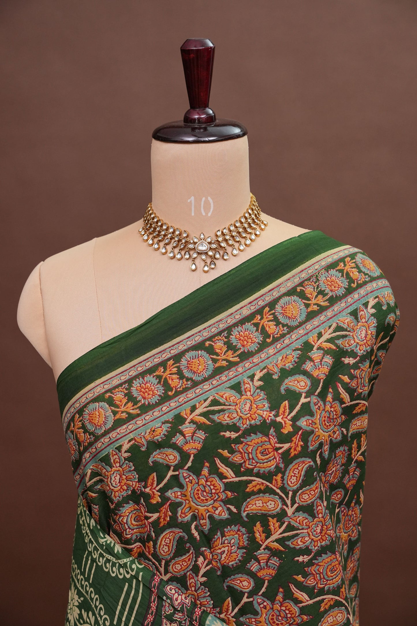 Kalamkari Cotton Saree – Deep Forest Green with Traditional Floral & Border Prints