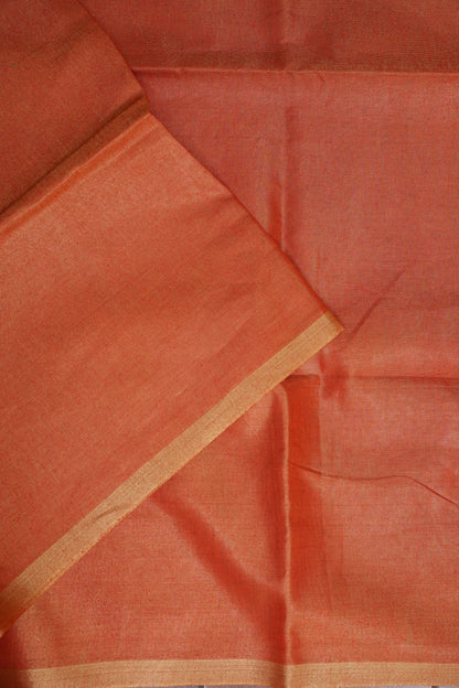Tissue Linen Silk Saree – Rust Orange with Subtle Gold Zari Border