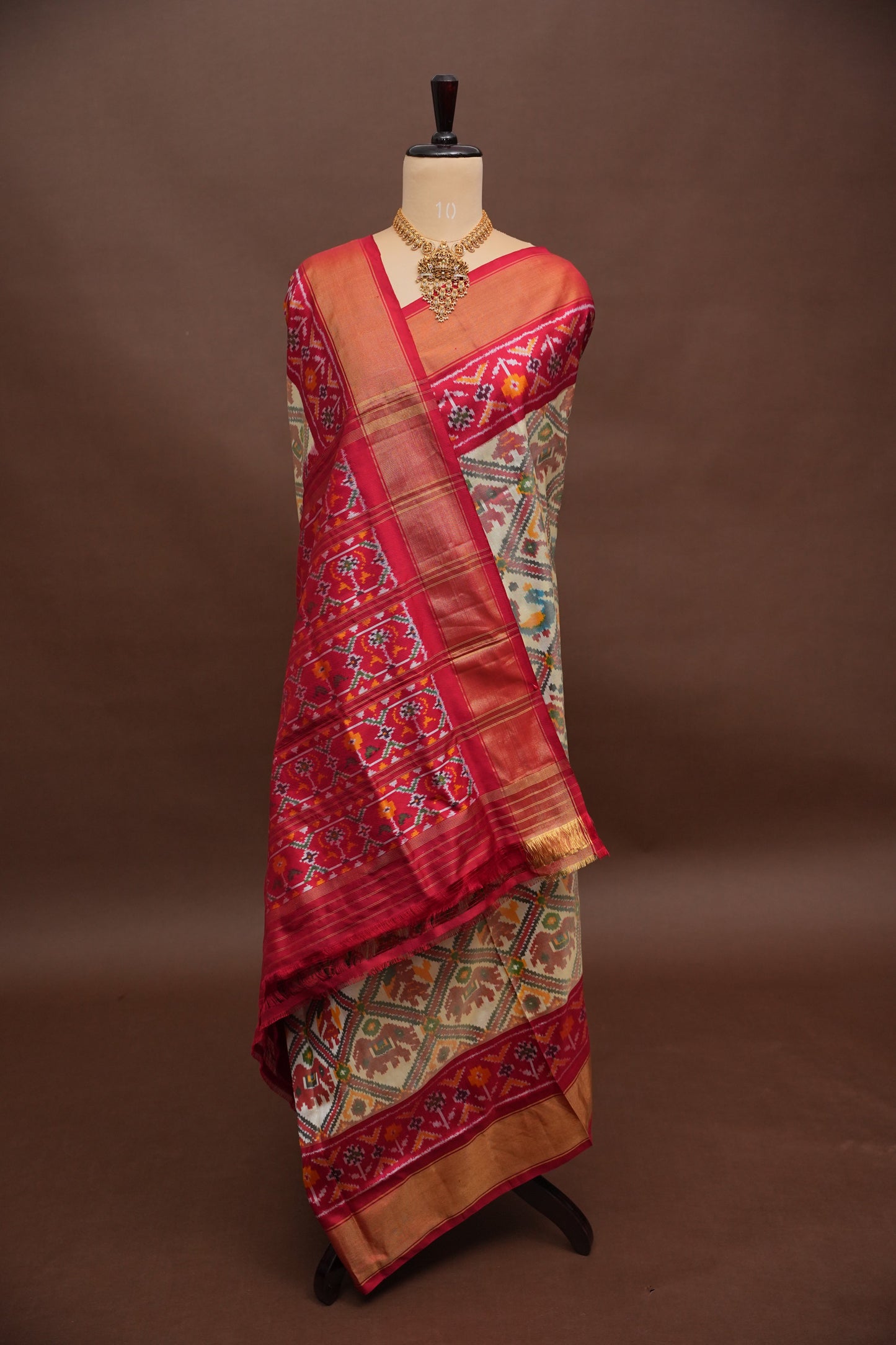 Pure Ikkat Soft Silk Saree - Ivory & Red