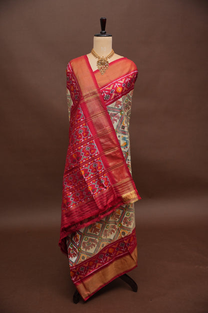 Pure Ikkat Soft Silk Saree - Ivory & Red