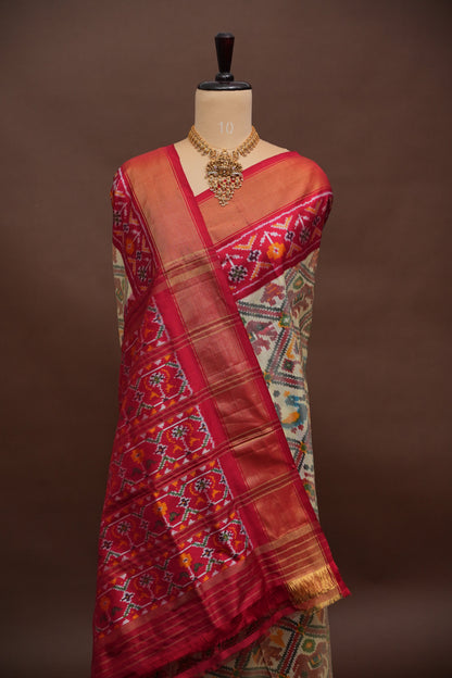 Pure Ikkat Soft Silk Saree - Ivory & Red