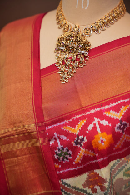 Pure Ikkat Soft Silk Saree - Ivory & Red