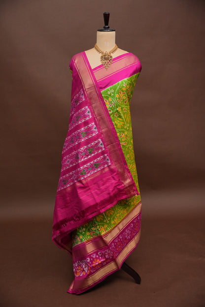 Pure Ikkat Soft Silk Saree - Parrot Green & Pink