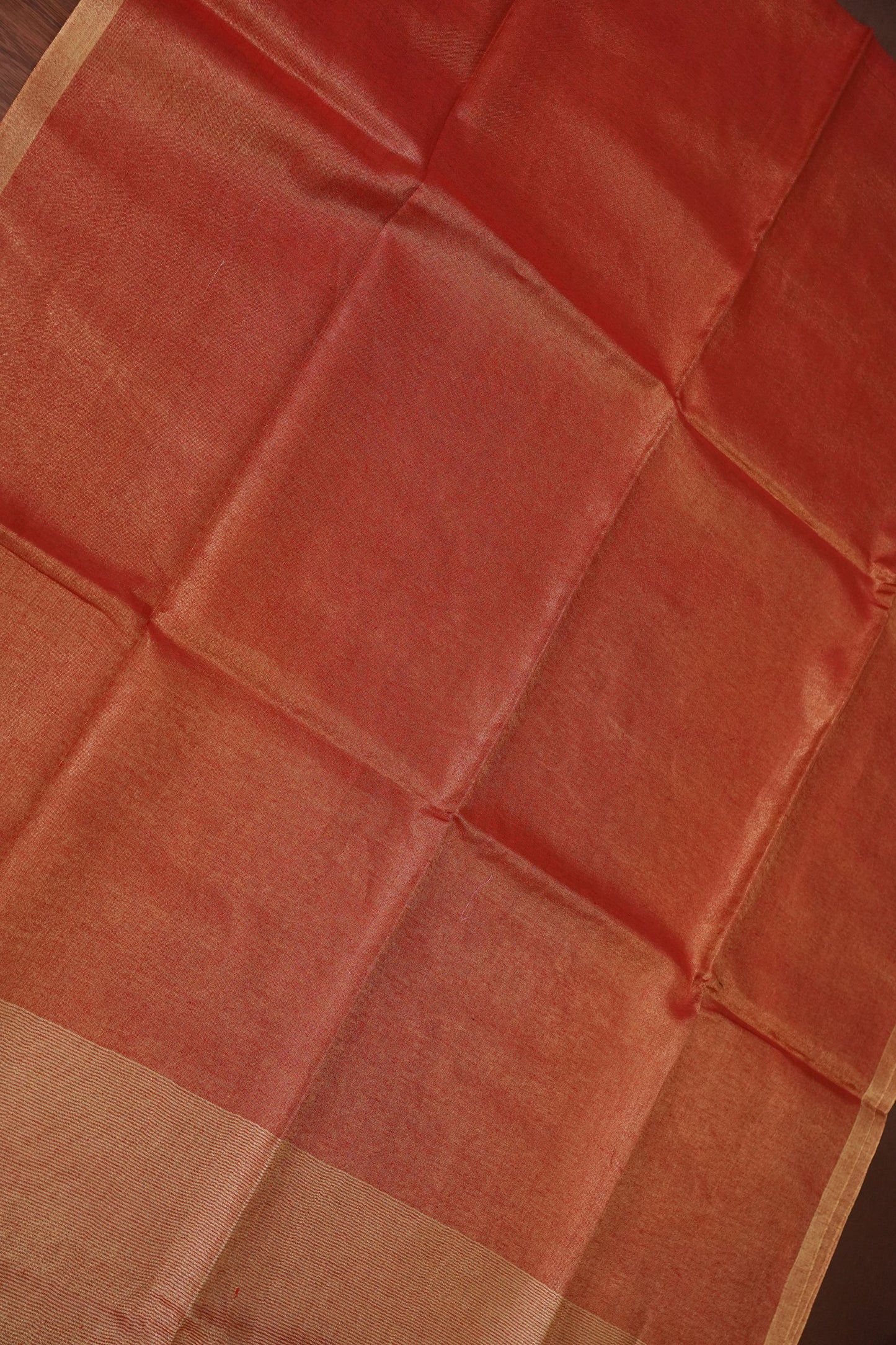 Tissue Linen Silk Saree – Rustic Brick Red with Classic Gold Border