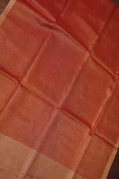 Tissue Linen Silk Saree – Rustic Brick Red with Classic Gold Border
