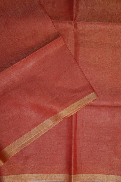 Tissue Linen Silk Saree – Rustic Brick Red with Classic Gold Border