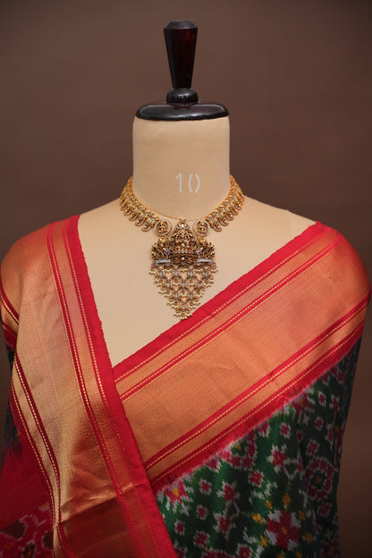 Pure Ikkat Soft Silk Saree - Emerald Green & Red