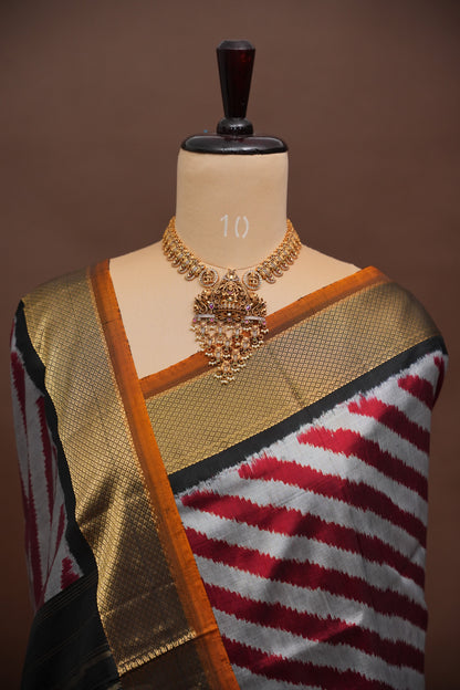 Pure Ikkat Soft Silk Saree - Silver Grey, Red & Black