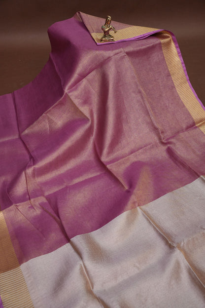 Rose Pink & Champagne Gold Tissue Linen Saree with Zari Border
