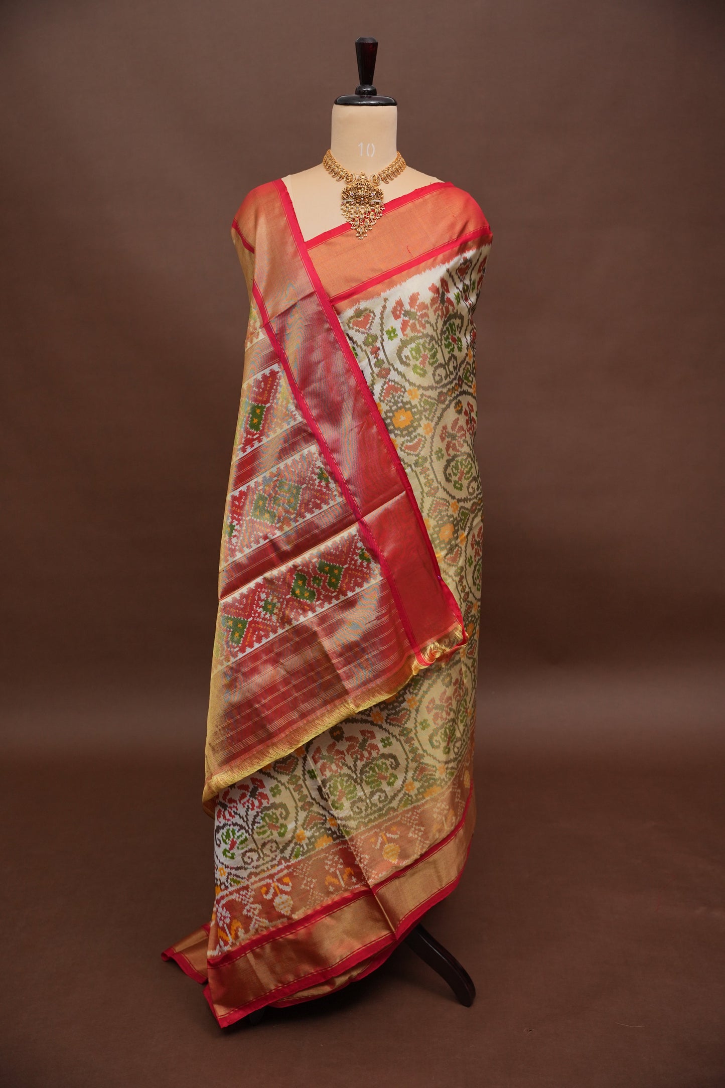 Pure Ikkat Soft Silk Saree - Ivory & Red