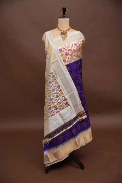Pure Ikkat Soft Silk Saree - Purple & Ivory