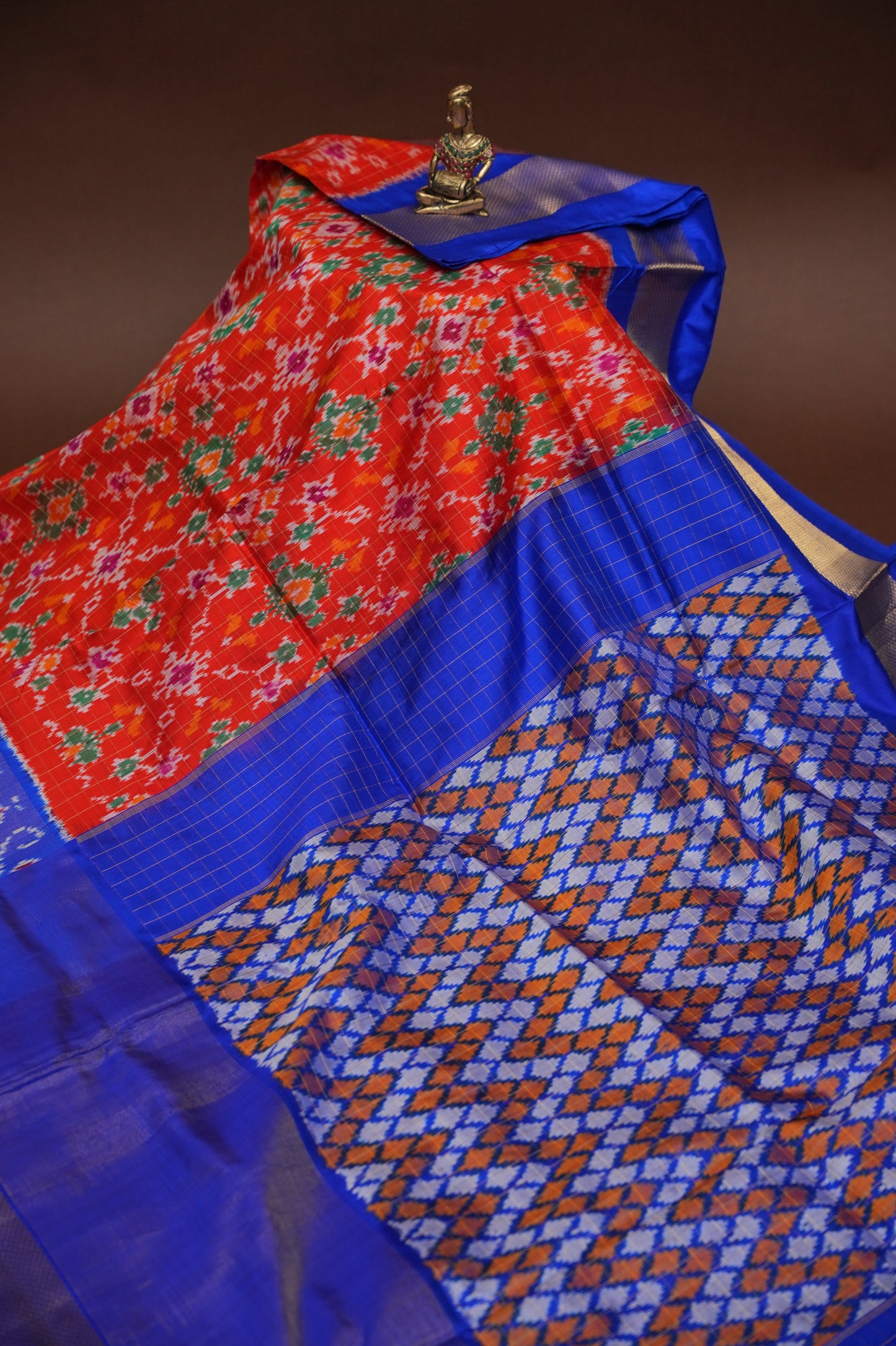 Pure Ikkat Soft Silk Saree - Red & Ink Blue
