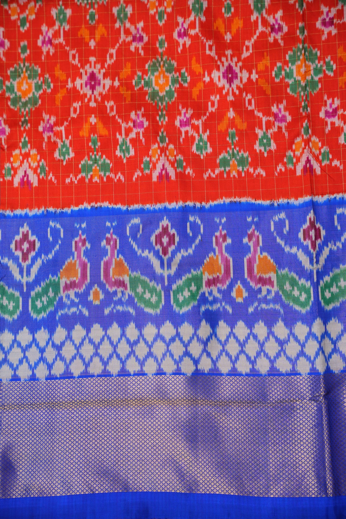 Pure Ikkat Soft Silk Saree - Red & Ink Blue