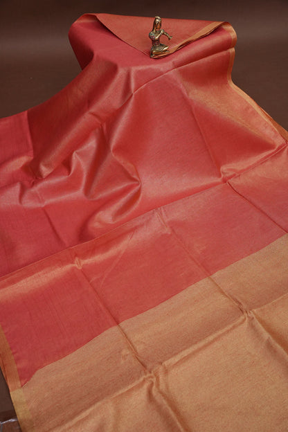 Coral Red & Gold Tissue Linen Saree