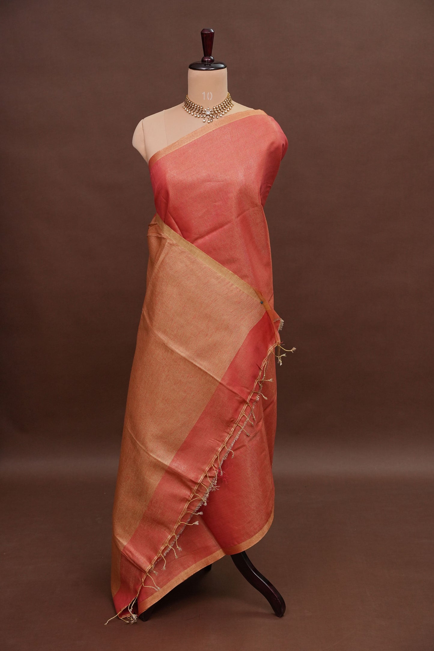 Coral Red & Gold Tissue Linen Saree