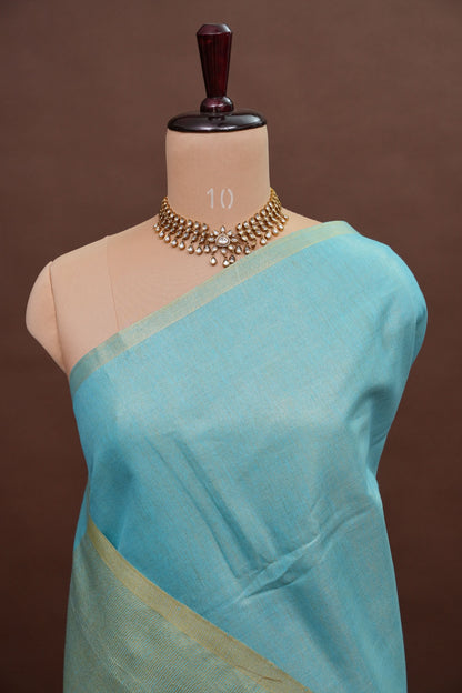 Sky Blue & Soft Gold Tissue Linen Saree