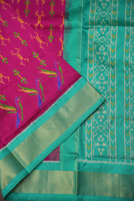 Pure Ikkat Soft Silk Saree - Magenta & Sea Green