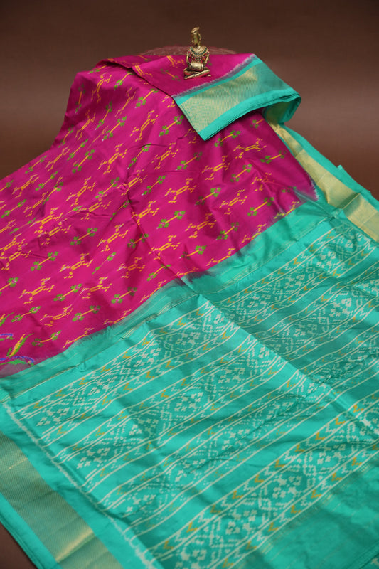 Pure Ikkat Soft Silk Saree - Magenta & Sea Green