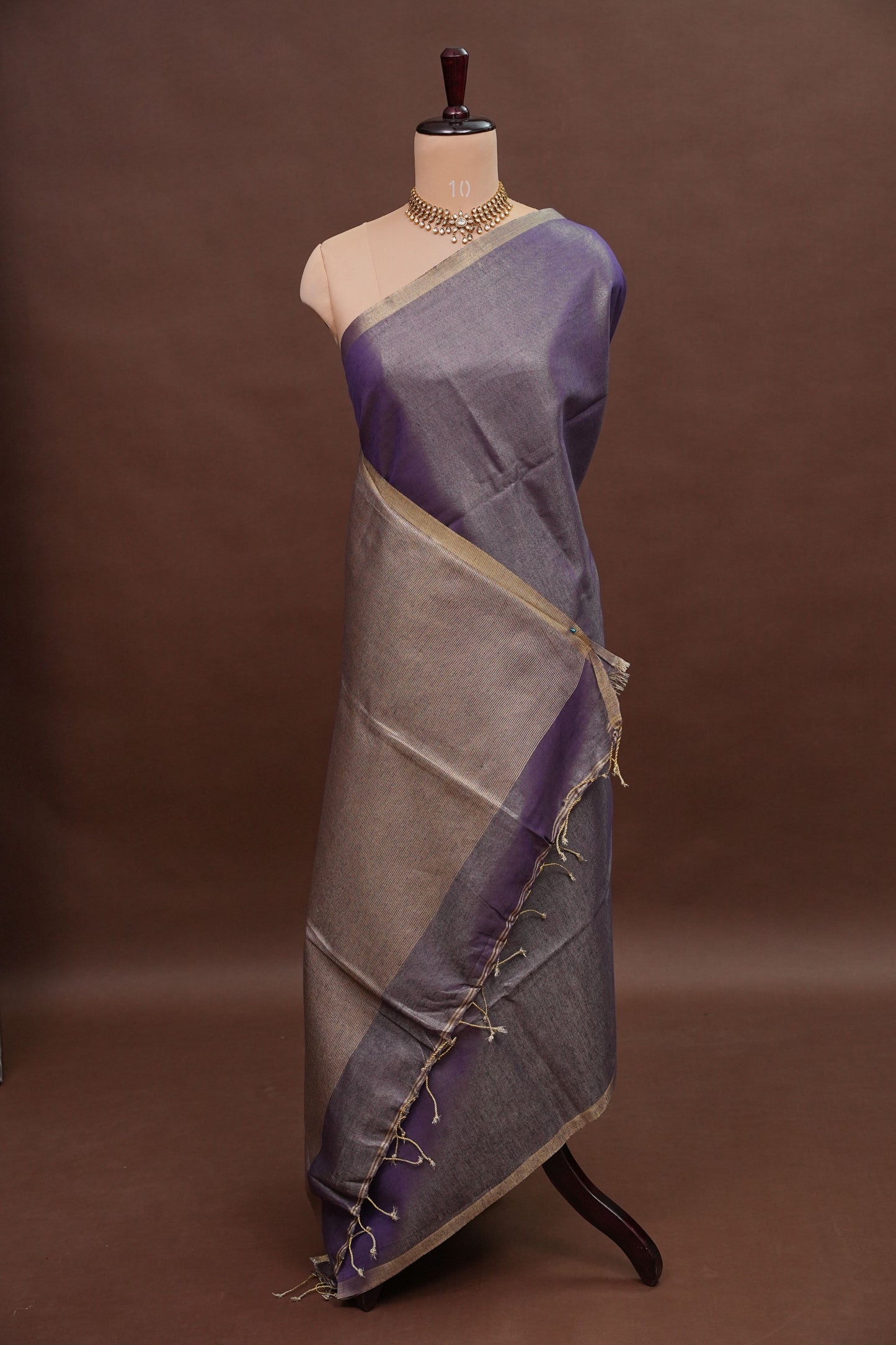 Violet Tissue Linen Saree with Gold Piping Border